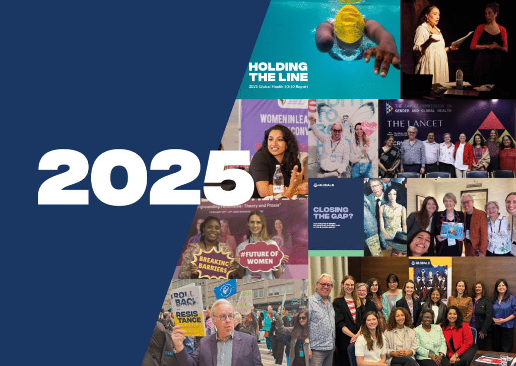 Photo collage of highlights from 2025 for Global 50/50, including report covers, and photos taken at various events around the world.