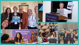 A collage of photos of the Global 50/50 collective at various events across 2025 including the World Health Summit, the Launch of the the Lancet Commission on Gender and Global health, and on the streets of New York during CSW69.