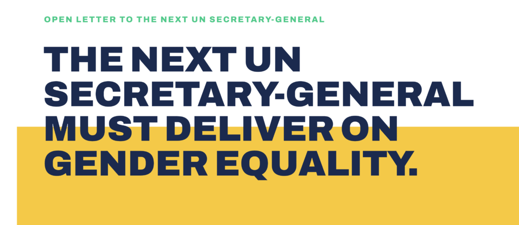 Banner which reads: the next UN Secretary-General must deliver on gender equality