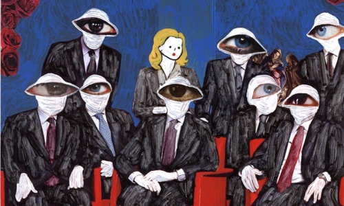 Eyes always lie - SViana_ The room is filled with individuals wearing suits, their eyes fixated solely on profit. The western male business
attire, eyes looking all ways, a central, single female, all framed by roses, all bring different points of view. The
intense focus on financial gain fuels the machinery of Western capitalism and a patriarchal society, leading
to the exploitation of people, animals, and the environment. This perpetual search for wealth predominantly
benefits only a privileged few. This mixed-media illustration serves as a powerful reminder for us to recognise
the pervasive inequalities present in our immediate surroundings. It urges us to cultivate self-awareness and
to recognise the alienation that results from unequal social and economic structures.